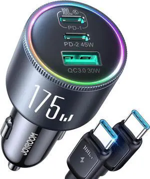 175W Super Fast Car Charger USB C 3-Port PD100W+45W+USB30W Type C Car Phone Charger with USBC Cable Fast Charging Adapter for iPhone 17/16/15 Pro Max  Galaxy S25 S24 iPad Laptop