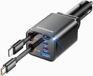 Retractable Car Charger 99W Car Phone Charger with Cables Fast Charging USB C Car Charger Adapter for iPhone 17 16 15 14 13 12  Black