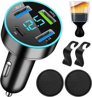 117W Car Charger Super Fast Charging Cigarette Lighter USB Phone Accessories Charger Voltmeter Adapter with QC USB c Type c PD Universal Quick Charge Multi 4 Port for 12-24v Car Cigarette Lighter Plug