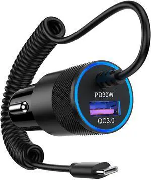 iPhone 16e 17 Car Charger USB C for  iPhone 17 16 Pro Max 16Pro 15 USBC Coiled Cable Fast Charging Cigarette Lighter Adapter for  Galaxy S25 Ultra Google Pixel 10 Android Auto Cargador