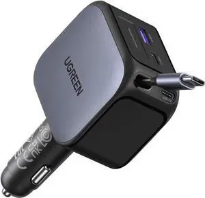 145W 4-Port Retractable Car Charger 3C1A USB C Fast Charger with 60W Retractable Cable Cigarette Lighter Adapter Compatible with MacBook Pro iPhone 17/16 Galaxy S25/S24 Ultra iPad Laptop