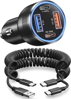 65W USB C Car Charger with Retractable Coiled USB C Cords 4-Port Car Charger PD30W&QC3.0 Fast Charging 12v Cigarette Lighter Adapter for iPhone 17 Air 16e 15 16 Pro  Galaxy S25 S24 A16