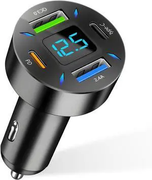 USB C Car Charger 4 Port Auto Fast Charger with USB PD Type C & QC 3.0 Cigarette Lighter USB Automotive Adapter Compatible with Most Mobile Cell Phone Car Accessories (PD+Type C)