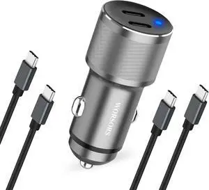 Dual 45W USB C Car Charger 90W Max Super Fast Charging All Metal 12V Cigarette Lighter Adapter for iPhone 17 Pro Max/16/15/iPad  Galaxy S25/S24 Google Phones with 2 Type C Cable 3.3ft Gray