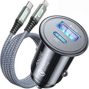 67.5W Super Mini Car Charger USB C 45W PD&QC 3.0 Fast Charging with C to Lighting Cable for iPhone 14 Pro Max 13 12 11 Galaxy S25 Android All Metal Cigarette Lighter Adapter 67.5W Super Mini Car Charger USB C 45W PD&QC 3.0 Fast Charging with C to Lighting Cable for iPhone 14 Pro Max 13 12 11 Galaxy S25 Android All Metal Cigarette Lighter Adapter