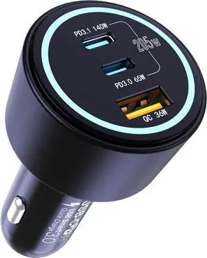 205W USB C Car Charger 3-Ports PD3.1/PPS/QC3.0 Fast Charging Type C Cigarette Lighter Adapter for MacBook Pro Laptop iPhone 16/15/14/13/12 Galaxy S24/S23 Ultra etc