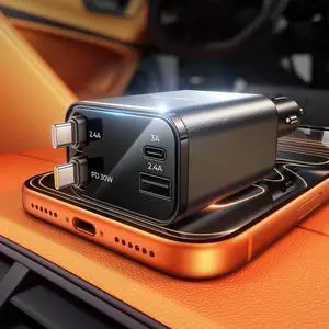 Retractable Car Charger for iPhone 17 69W 4 in 1 Retractable USB C Car Charger Fast Charging with Built-in Type C Cable Cigarette Lighter Adapter for iPhone 17 16 Pro Max  S25 iPad Air