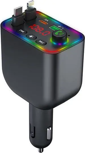 ?Retractable 120W Fast Car Charger for iPhone with Type C Cables Bluetooth FM Transmitter Car Adapter Handsfree Call Audio Receiver Radio Transmitter MP3 Player LED Backlit Support USB (Y4)