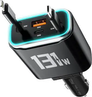 Retractable Car Charger USB C 131W 4-in-1 Fast Charging with 2 Retractable Cables Car Phone Charger Adapter for iPhone 17 Pro Max 16 15 14 13 Fast Charge Car Accessories Gifts for Men Women