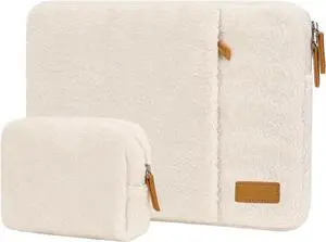 Laptop Sleeve Compatible with MacBook Air/Pro 13-13.3 inch Notebook Compatible with MacBook Pro 14 M5 M4 M3 M2 M1 Carrying Case Soft Fluffy Plush Vertical Bag with Pocket&Small Case Apricot