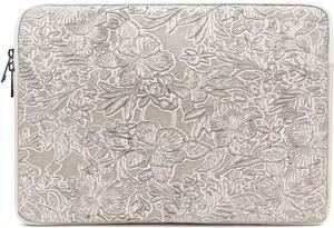 Embossing Floral Pattern PU Leather Laptop Sleeve Case with Pocket (Ivory White PU 16 inch)