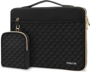 13-14 inch 360 Protective Laptop Sleeve Compatible with MacBook Air/Pro 13/Pro 14 inch 13.3 inch Carrying Case Square Quilted Side Open Bag with Horizontal Pockets&Small Case&Belt Black
