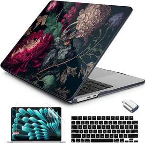 Case for New MacBook Air 13.6 inch 2025 M4 2024 2022 Release Model A3240 A3113 M3 A2681 M2 Designed Protective Hardshell Keyboard Cover and USB-C OTG Adapter Vintage Flower