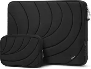 360 Protective Laptop Sleeve Case Compatible with MacBook Air/Pro 13 inch Compatible with MacBook Pro 14 Sea Wave Quilted Puffy Shockproof Carrying Computer Bag with Small Case Black