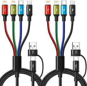 6 in 1 Multiple Charging Cable 2Pack 6Ft Multi Chargers Cord for All Devices Braided USB A/C to Lightning/Type C/Micro USB Ports Universal Charger Cable for iPhone Series//Tablets/PS and More