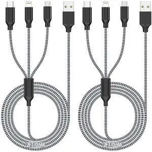 Short Multi Charging Cable (2ft 2Pack) 3 in 1 Charging Cable Travel Essentials iPhone Charger Nylon Braided Cord with Type C Micro Lightning USB C for  Android Phone