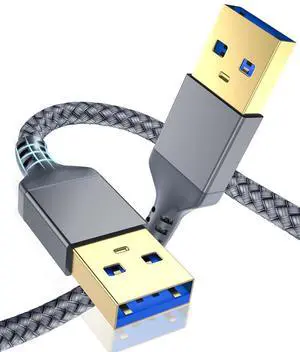 USB A to USB A Cable 6.6 FT USB 3.0 Male to Male Cable Braided Nylon High-Speed Transfer USB to USB 3.0 for Hard Drive Enclosures Cameras DVD Player Laptop More (Grey)