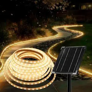 32.8 FT Solar LED Strip Lights 4000mAh Battery IP65 Waterproof 3000K Warm White Outdoor Solar Rope Lights with 4 Lighting Modes for Patio Garden Landscape Step Christmas