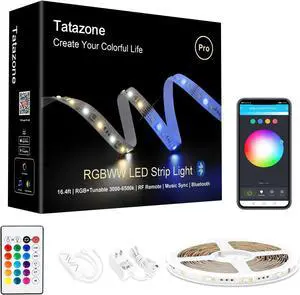 RGBWW Bluetooth LED Strip Lights 16.4FT Tunable White 3000K to 6500K+RGB Led Light Strips Music Sync Color Changing Indoor LED Rope Lights with App and Remote for Cabinet Bedroom TV