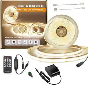 Dimmable COB LED Strip Light Kit with RF Remote & UL12v Power Supply CRI 93+ Flexible Cuttable 4000K Natural White Cob Light Strip for Under Cabinet Lighting Bedroom Mood & DIY Projects