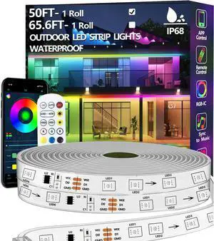 50FT Outdoor LED Strip Light Waterproof IP68 Outside RGB+IC Light Strip with App/Remote Control Chase Mode Music Sync Light for Balcony Deck Rooftop Garden Pool