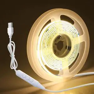 5V USB COB LED Strip Light 4.92FT 480LEDs Flexible TV Backlights Warm White 3000K Dimmable LED Light Strip with Self-Adhesive for Bedroom Closet Under Cabinet Monitor Desk Home Decor 8mm Width