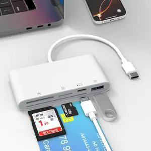 USB C SD Card Reader for iPhone 5-in-1 Multi Memory Card Reader with SD+TF+Smart Card Slot+USB OTG+USB-C Port DOD Military USBC Common Access CAC Smart ID Card Reader for iPhone 16/iPad/Mac/Laptop