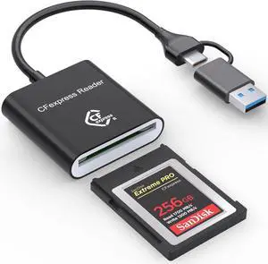 CF Express Type B Card Reader with USB 3.2 (Gen 2) 10Gbps USB-C & USB-A 2-in-1 Type-B CFexpress Adapter Compatible with Windows/Mac/Linux/Android for PC iPhone 16/15 Laptops Tablets Smartphones