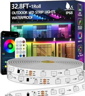 32.8FT Outdoor LED Strip Light Waterproof IP68 Outside RGB+IC Light Strip with App/Remote Control Chase Mode Music Sync Rope Light for Balcony Deck Rooftop Garden Pool