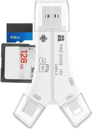 SD Card Reader for iPhone/ipad/Android/Mac/Computer/Camera 4 in1 Micro SD Card Reader Trail Camera Viewer Portable Memory Card Reader SDCard Adapter for SD & TF Cards (White)