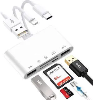 SD Card Reader for iPhone/iPad/Android 7-in-1 USB-A & USB-C & Lightning to Memory Card Adapter and USB Camera Adapter with PD Fast Charging Micro SD Card Reader for iPhone 17/16/15/14/13/12
