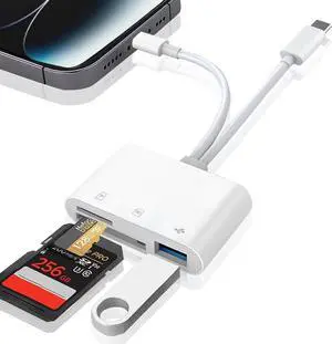 SD Card Reader for iPhone iPad Mac USB C and Lightning Dual Connector Memory Card Reader Digital Trail Camera Adapter to iPhone SD Card Viewer with SD/Micro SD/USB-A 3 Slot Plug and Play