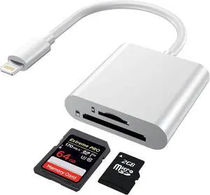 SD Card Reader for iPhone (Lighting) Plug and Play Memory Card Reader Portable Trail Digital Camera Accessories Supports SD and TF Card MicroSD Card Adapter for iPad No App Required