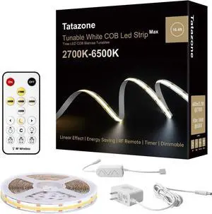 16.4ft Tunable White COB Led Strip Light with RF Remote CRI93+ Dimmable CCT 2700K-6500K Led Tape Lights Adhesive High Density Led COB Light Strip for Bedroom Kitchen Cabinet