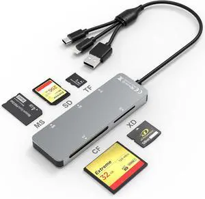 Memory Stick Pro Duo Adapter - Aluminum 5 in 1 SD/TF/CF/MS/XD Picture Card Reader for PC/Android/Lightning Multi Memory Card Reader USB C Lightning OTG Adapter Memory Stick pro Duo Reader for iPhone