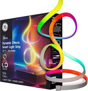 GE Dynamic Effects Smart LED Light Strip with Music Sync Color Changing WiFi Lights Indoor Light Strip Compatible with Alexa and Google Home 32ft and Power Supply