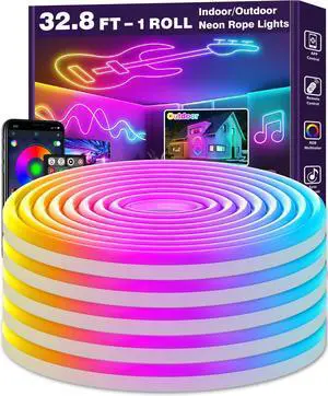 32.8Ft Neon Rope Lights Flexible Led Rope Lights Control with App/Remote Multiple Modes Rope Lights IP65 Outdoor RGB Led Neon Lights Waterproof Music Sync Gaming Led Light Strip (32.8FT)