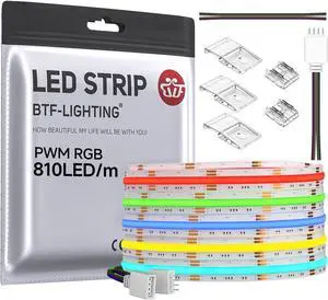 FCOB COB RGB LED Strip 810LED/m 16.4FT DC12V Color Changing Flexible High Density Uniform Light 10mm Width for Bedroom Home Indoor Decor(No Adapter or Controller)