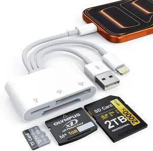 XD Card Reader SD Memory Card Reader for iPhone Lightning+USB A+USB C to SD/TF/XD Picture Card Reader 3 in 1 Digital Camera Adapter for iPhone 17/16/15/14/iPad/PC/Android Multi iPhone Reader
