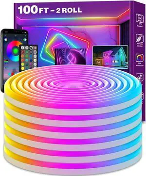 100Ft Neon Rope Lights Flexible Led Rope Lights Control with App/Remote Multiple Modes Rope Lights IP65 Outdoor RGB Led Neon Lights Waterproof Music Sync Gaming Led Neon Light Strip for Bedroom Decor