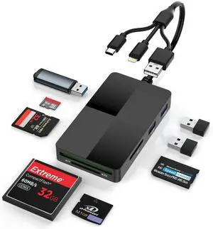 Memory Stick Pro Duo Adapter 8-in-1 Multi-Card Reader with SD/TF/MS/CF/XD Slots & 3 USB 2.0 Ports Lightning+USB A+USB C Ports Memory Stick Pro Duo Reader for iPhone/iPad/Windows/MAC/Chrome OS