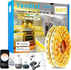 White LED Strip Lights 3000K-6500K 66ft Dimmable Smart Strip Light Alexa Compatible 24V WiFi Flexible Tape LED with APP & RF Remote Cabinet Lighting Self-Adhesive for Room Kitchen
