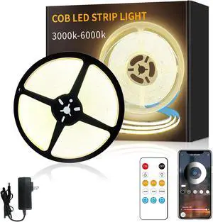 COB LED Strip Lights 50ft 3000K DC 24V Dimmable Warm White Flexible LED Rope Lights for Bedroom with Remote and app Control LED Lights Strip for Living Room Shelf Cabinet