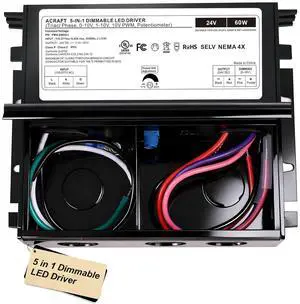 Acraft 60W 24V Dimmable LED Driver - TRIAC/0-10V/ELV/MLV/PWM 5-in-1 Dimming | UL Listed | IP65 Waterproof | Flicker-Free Dimming | Class 2 Power Supply for LED Strip Lights