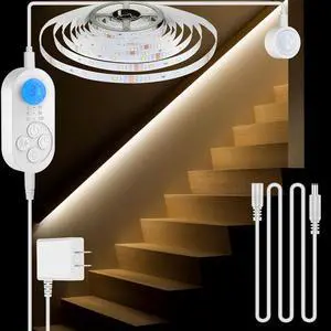 Dual Motion Sensor Light Indoor - Plug-in Adjustable LED Step Stair Light Strip with Double Sensor Detection Timer & Dimmer for Staircase Hallway Bedroom (16.4FT 3000K Warm White)