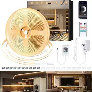 COB LED Strip Lights 32.8ft 3000K DC 24V Dimmable Warm White Flexible LED Lights Strip for Bedroom with Remote and app Control LED Rope Lights for Living Room Shelf Cabine Bed