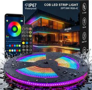 COB LED Strip Lights RGB Smart IC IP67 Waterproof Dimmable 20FT/6M Color Flowing Tape Light with App Control & Music Sync Dotless LED Light for Outdoor Patio christmas & Party Decorations