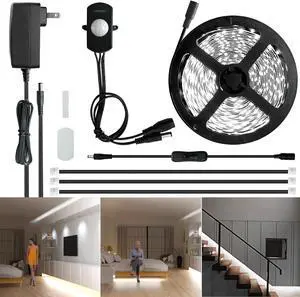 19.7ft/6m Motion Activated LED Strip Light Kit with FCC Listed Adapter for Gun Safe Under Cabinet Under Bed Pantry Kitchen Stairway Closet Lighting (Cool White Upgraded Version)