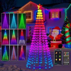 8FT Lighted Outdoor Christmas Tree 340 LED Smart Cone Tree Music Sync RGB Fairy Lights LED Light Show APP and Remote Control Timer Function Perfect for Outdoor Christmas Decorations
