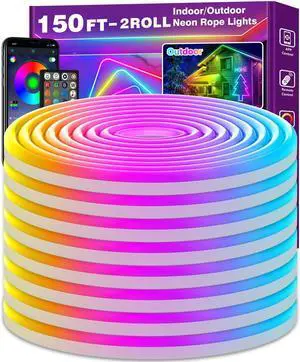 150Ft Neon Rope Lights Flexible Led Rope Lights Control with App/Remote Multiple Modes Light IP65 Outdoor RGB Led Light Waterproof (150Ft Neon Rope Lights)